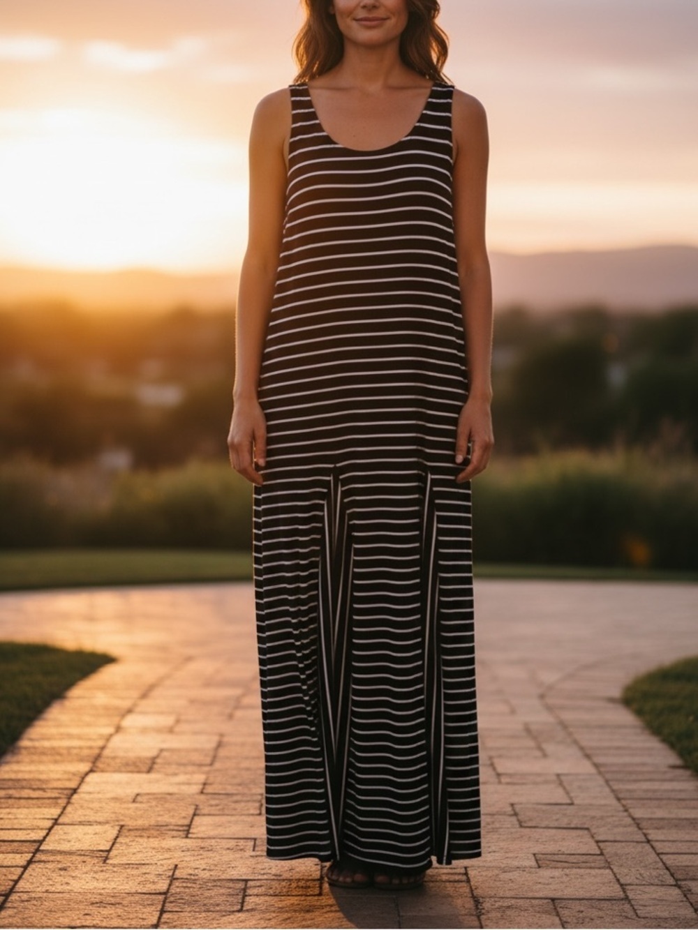 Ralph Lauren Black White Striped Stretchy Flow Bottom Tank Maxi Dress Sz L